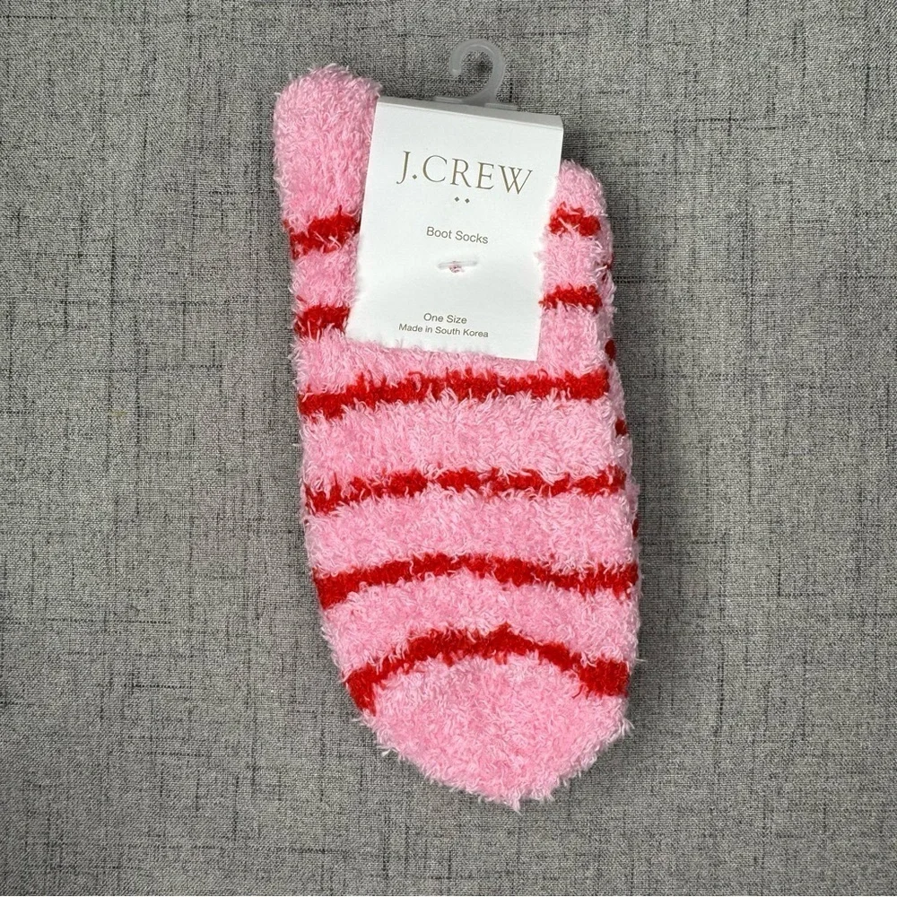 J. Crew Striped Cozy Boot Socks in Resort Pink & Red Women’s One Size. NWT